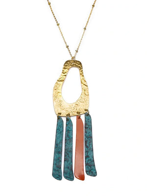 Necklace with a gold pendant and colorful hanging elements on a white background