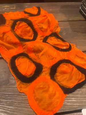 Handmade Wool and Chiffon Scarf —Tangerine & Black Circles